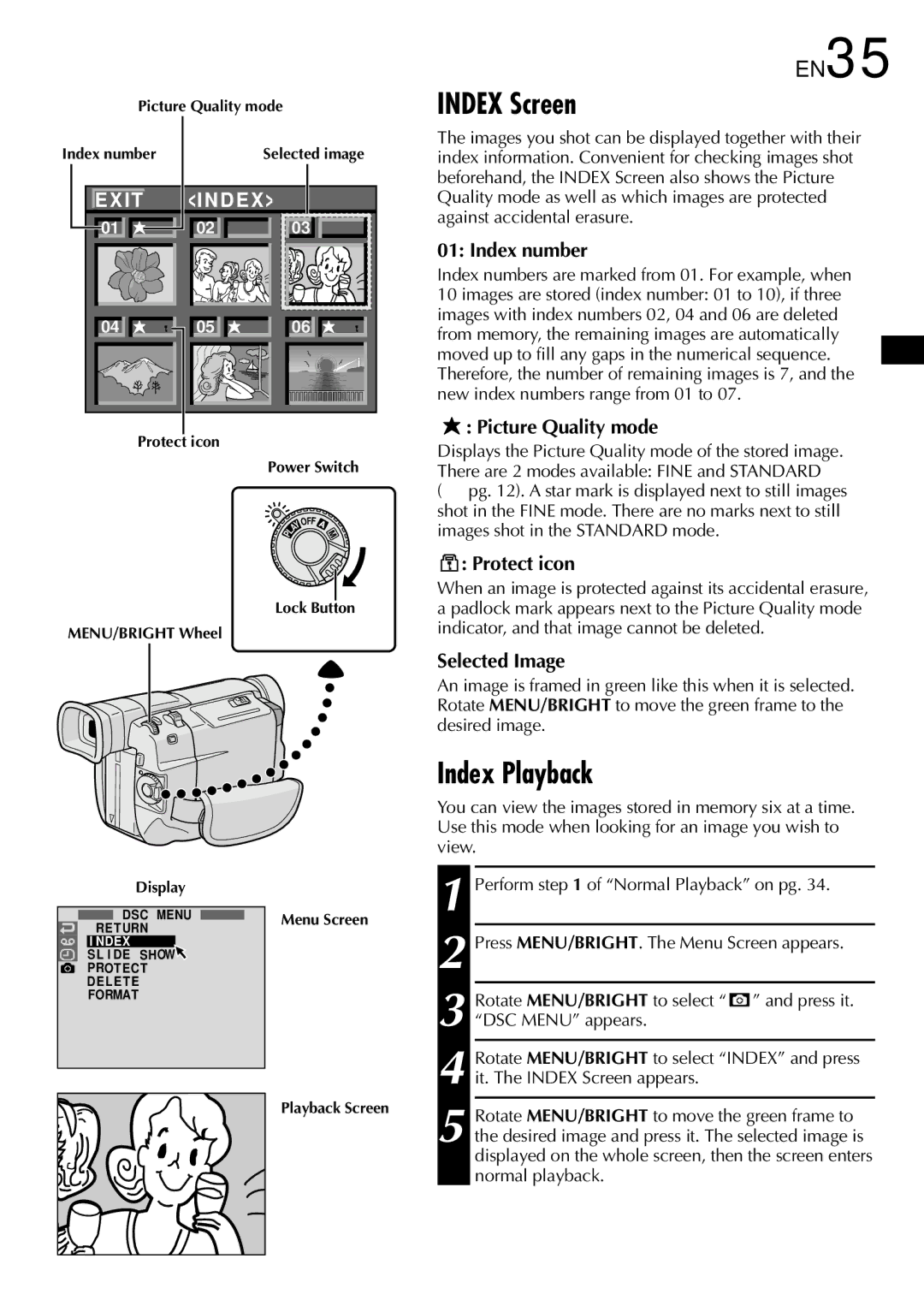 JVC GR DVL 200 specifications Index Screen, Index Playback, EN35 