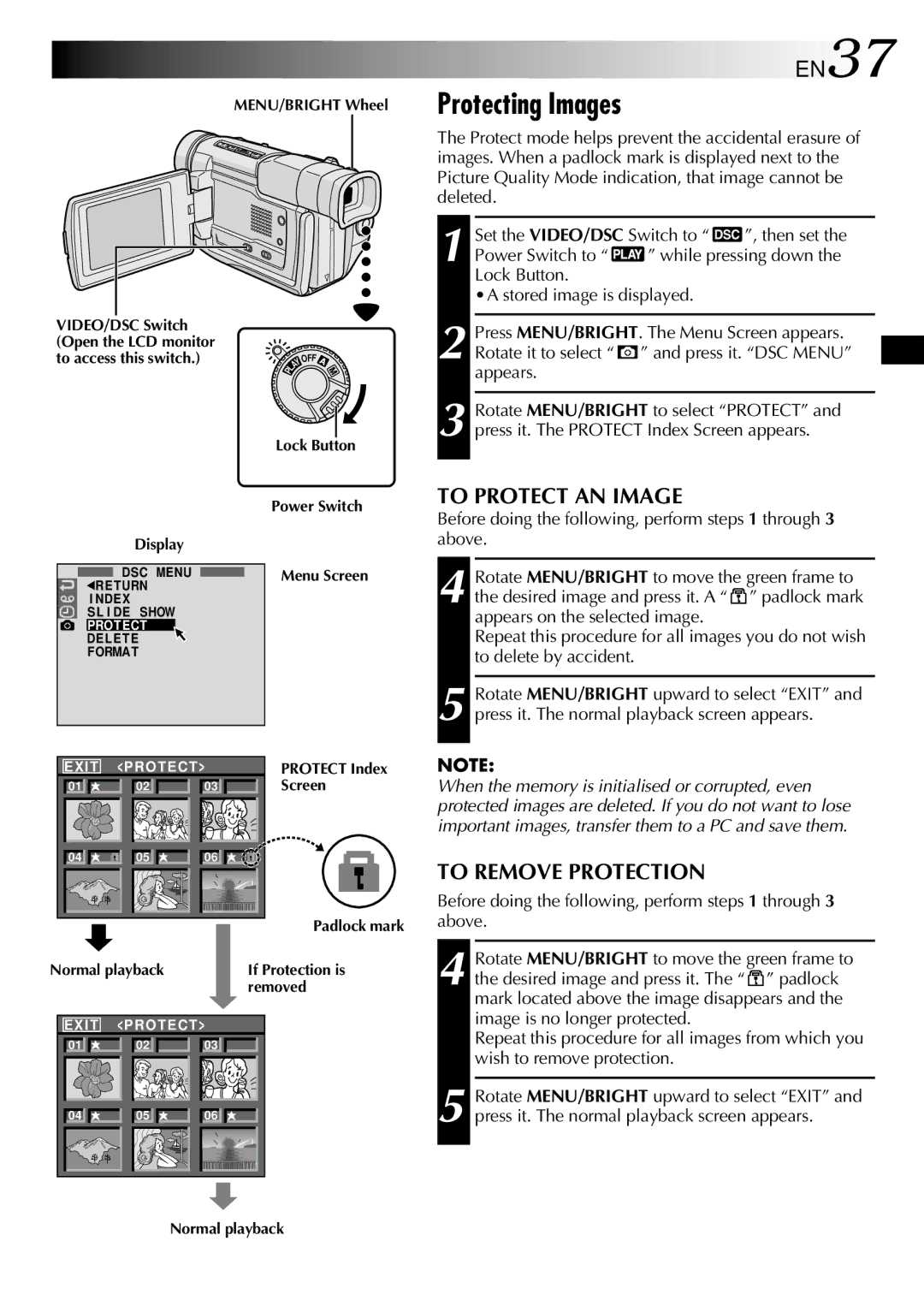 JVC GR DVL 200 specifications Protecting Images, EN37, To Protect AN Image, To Remove Protection 