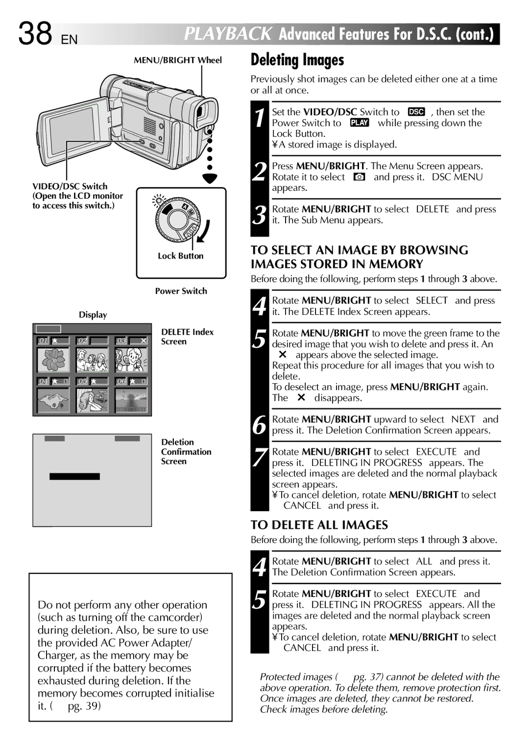 JVC GR DVL 200 specifications 38 EN, To Delete ALL Images 