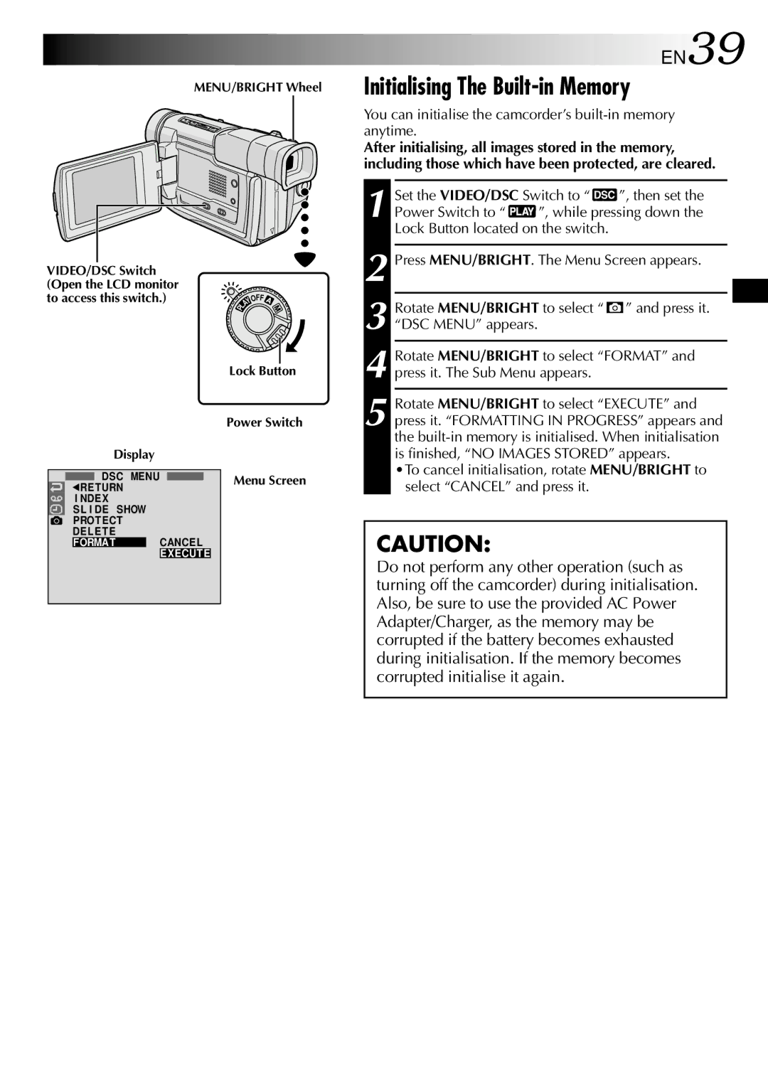 JVC GR DVL 200 Initialising The Built-in Memory, EN39, You can initialise the camcorder’s built-in memory anytime 