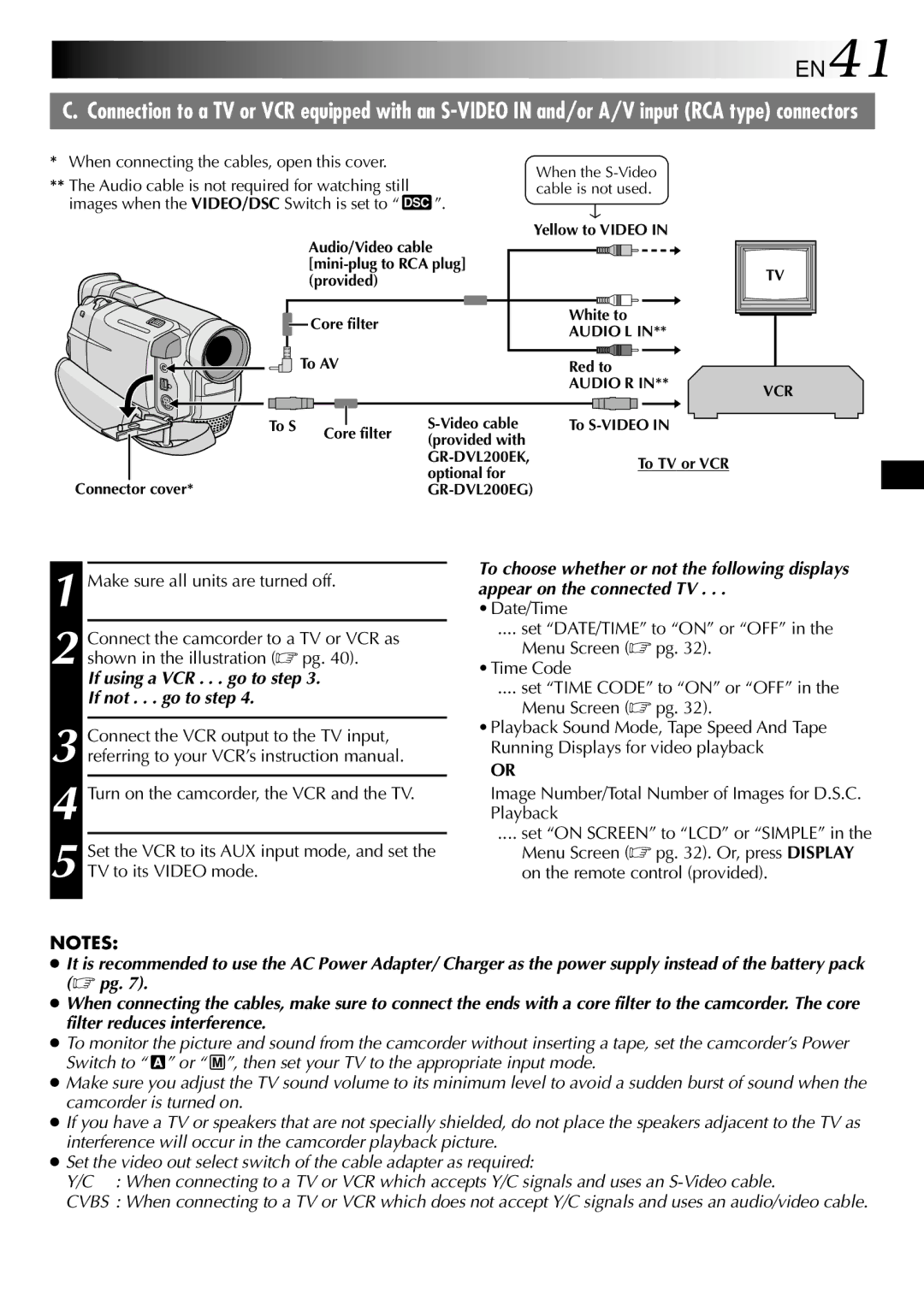 JVC GR DVL 200 specifications EN41, If using a VCR . . . go to step If not . . . go to step 