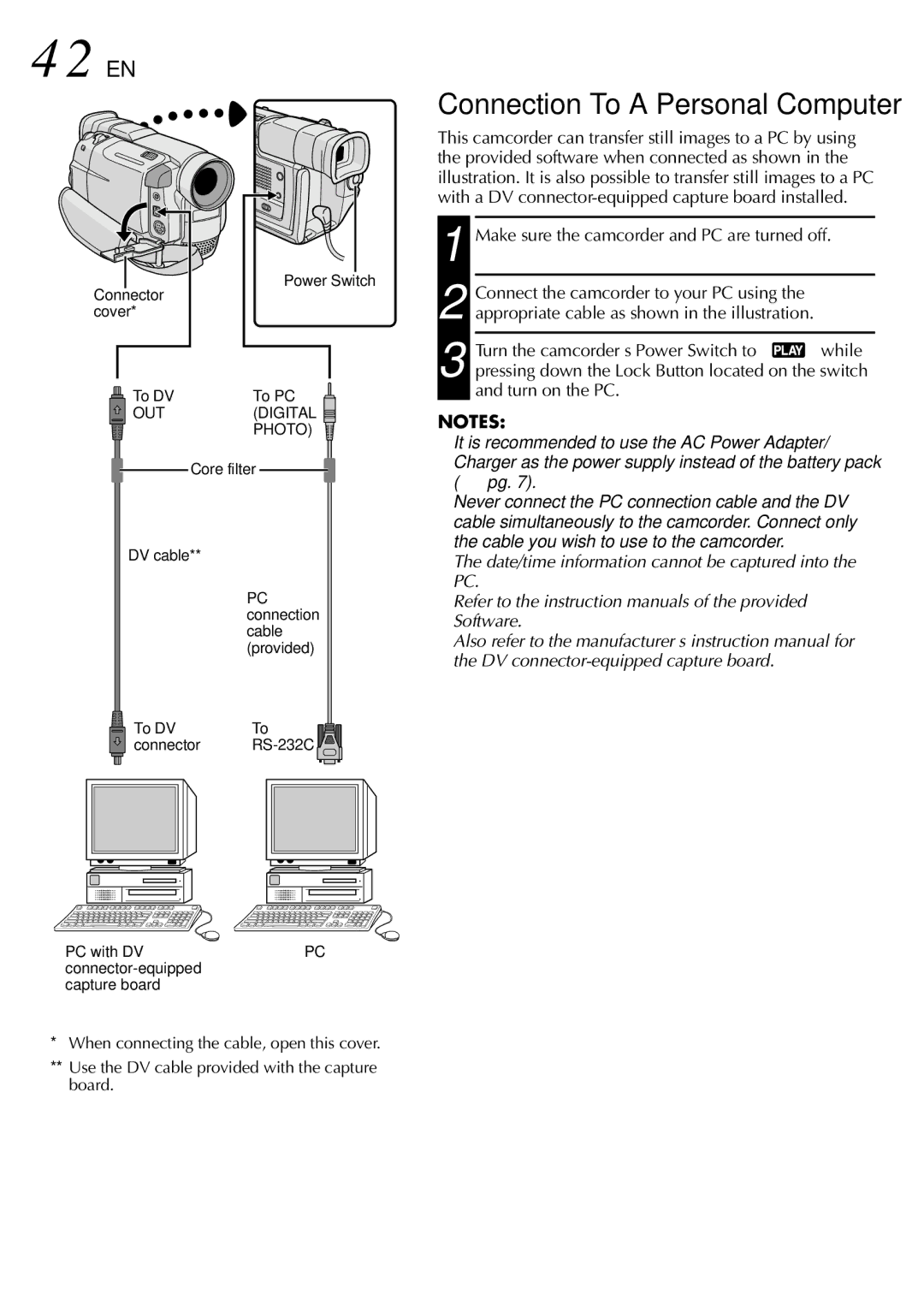 JVC GR DVL 200 specifications 42 EN, Connection To a Personal Computer 