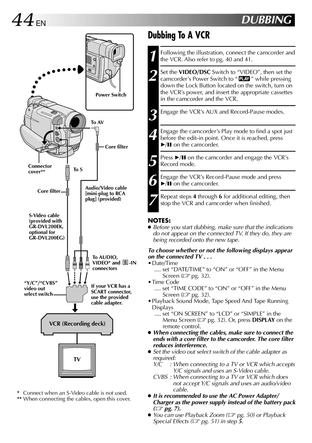 JVC GR DVL 200 specifications 44 EN, Dubbing To a VCR, VCR Recording deck 