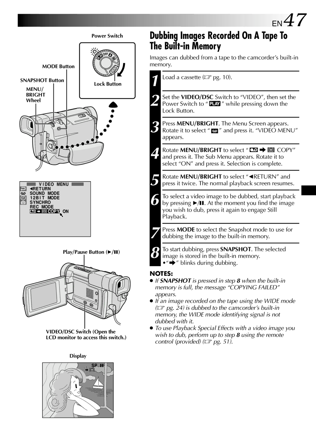 JVC GR DVL 200 specifications Dubbing Images Recorded On a Tape To The Built-in Memory, EN47 