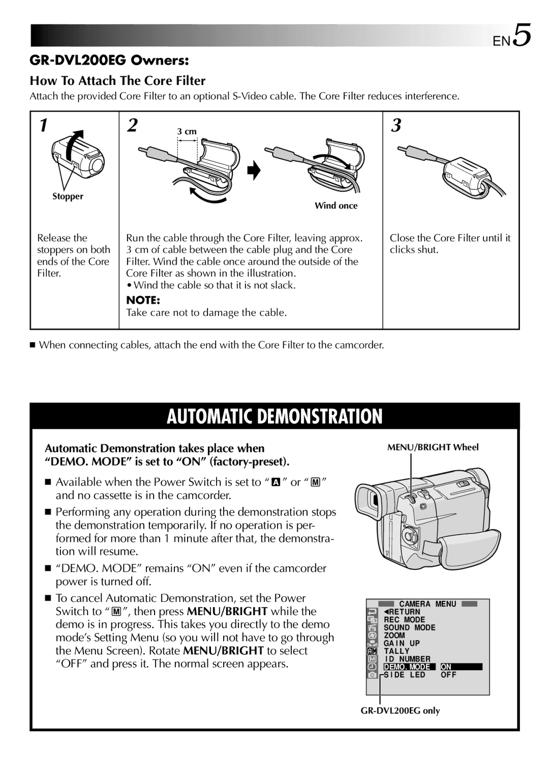 JVC GR DVL 200 GR-DVL200EG Owners How To Attach The Core Filter, Release the stoppers on both ends of the Core Filter 