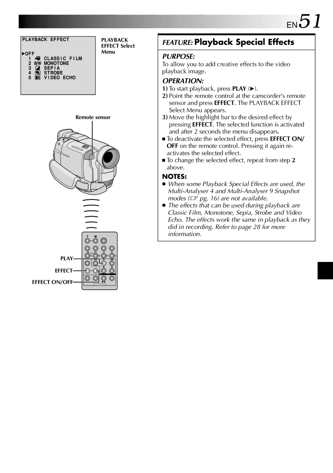 JVC GR DVL 200 specifications EN51, Feature Playback Special Effects 