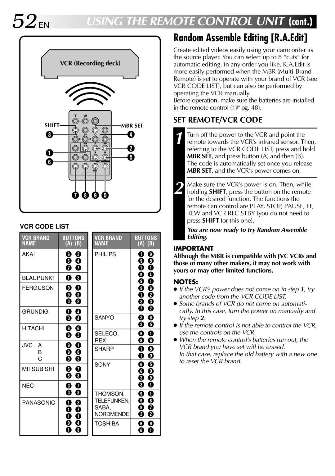 JVC GR DVL 200 specifications 52 EN, Random Assemble Editing R.A.Edit, SET REMOTE/VCR Code, VCR Code List 