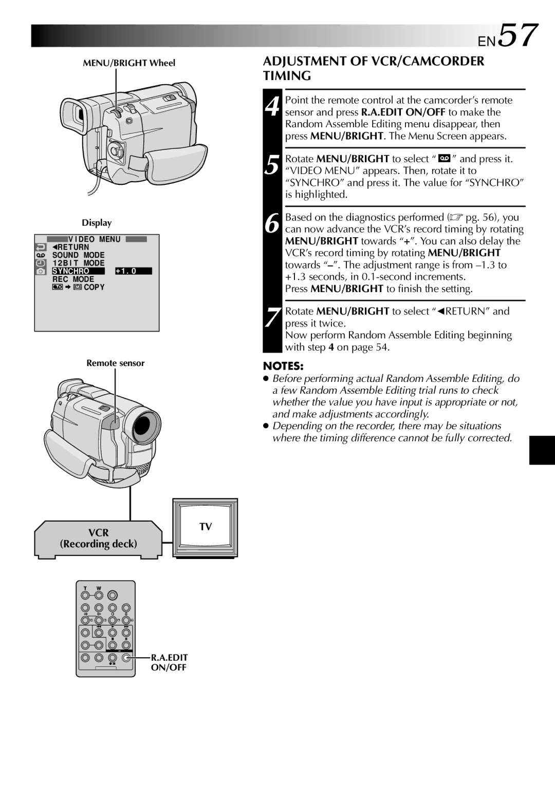 JVC GR DVL 200 specifications EN57, Adjustment of VCR/CAMCORDER Timing 