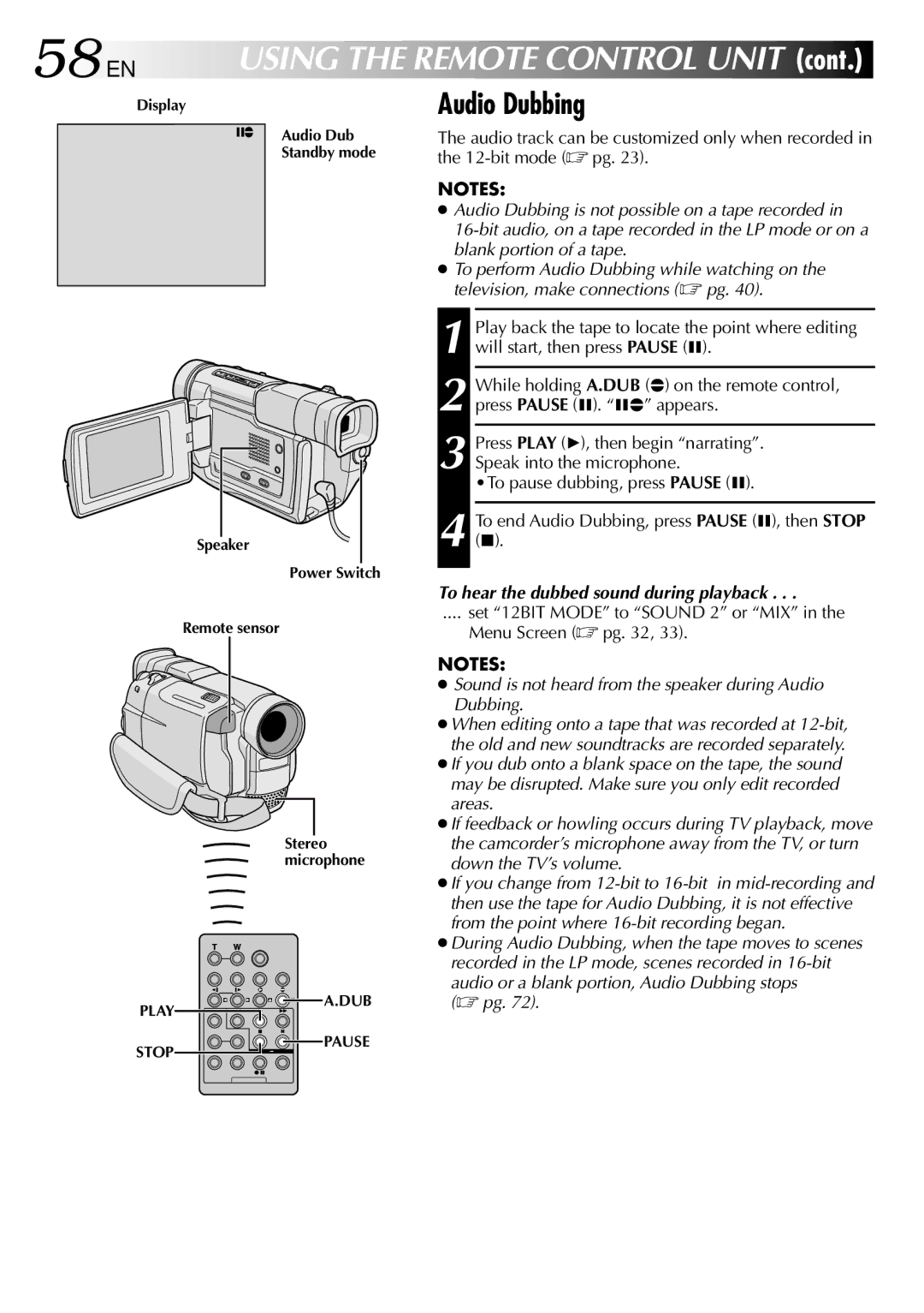 JVC GR DVL 200 specifications 58 EN, Audio Dubbing, To hear the dubbed sound during playback 