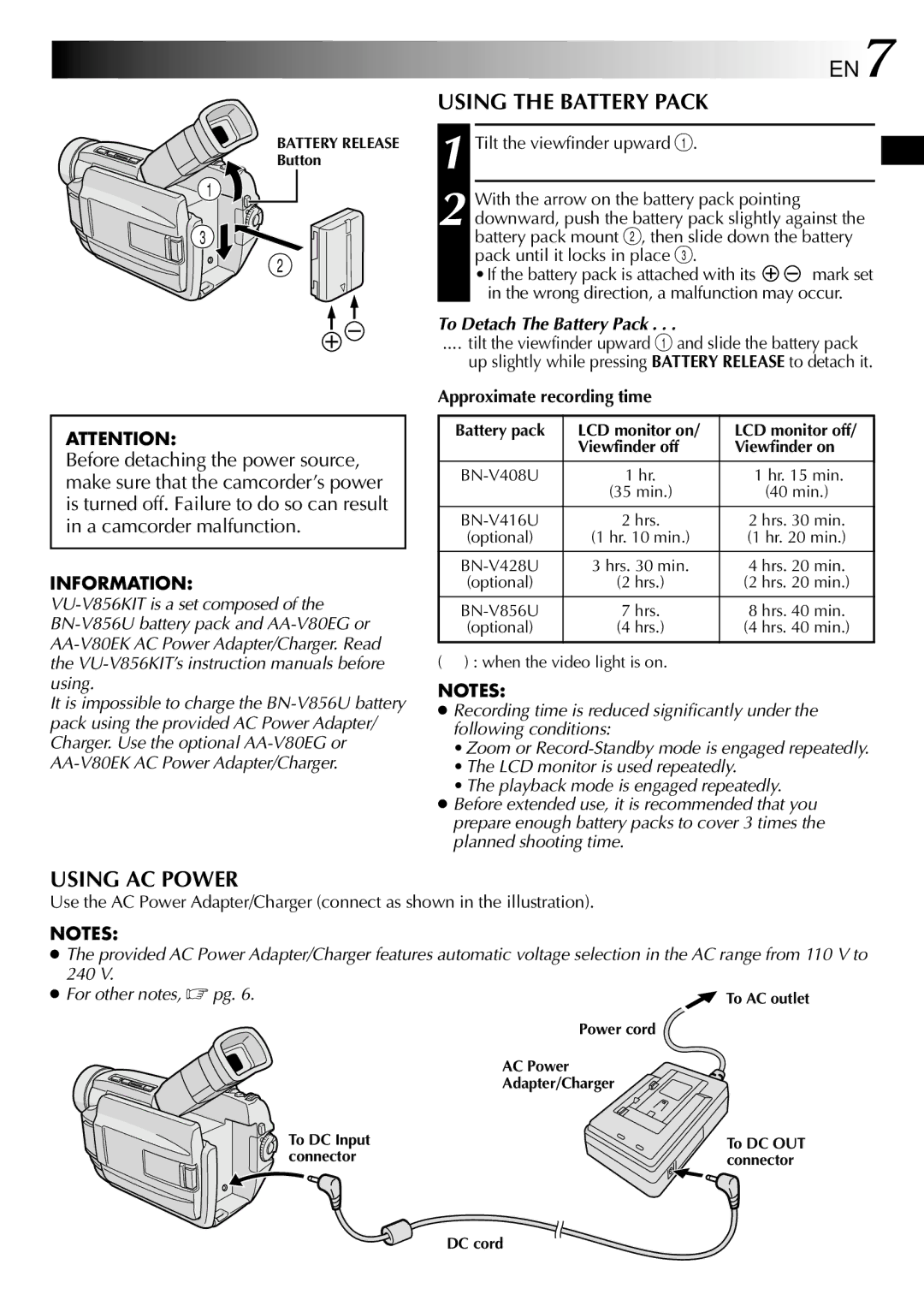 JVC GR DVL 200 Using the Battery Pack, Using AC Power, Information, To Detach The Battery Pack, For other notes,  pg 