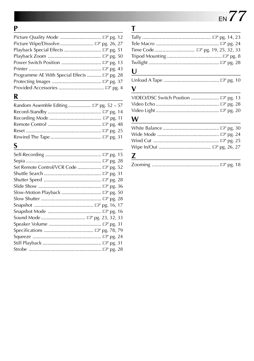 JVC GR DVL 200 specifications EN77, Time Code  pg , 25, 32 