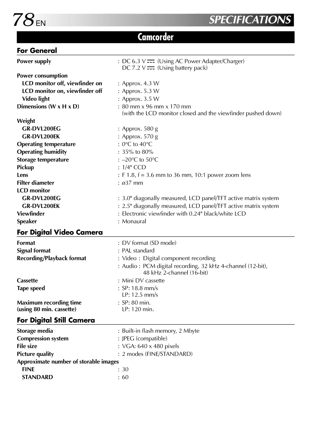 JVC GR DVL 200 specifications 78 EN, For General, For Digital Video Camera, For Digital Still Camera 