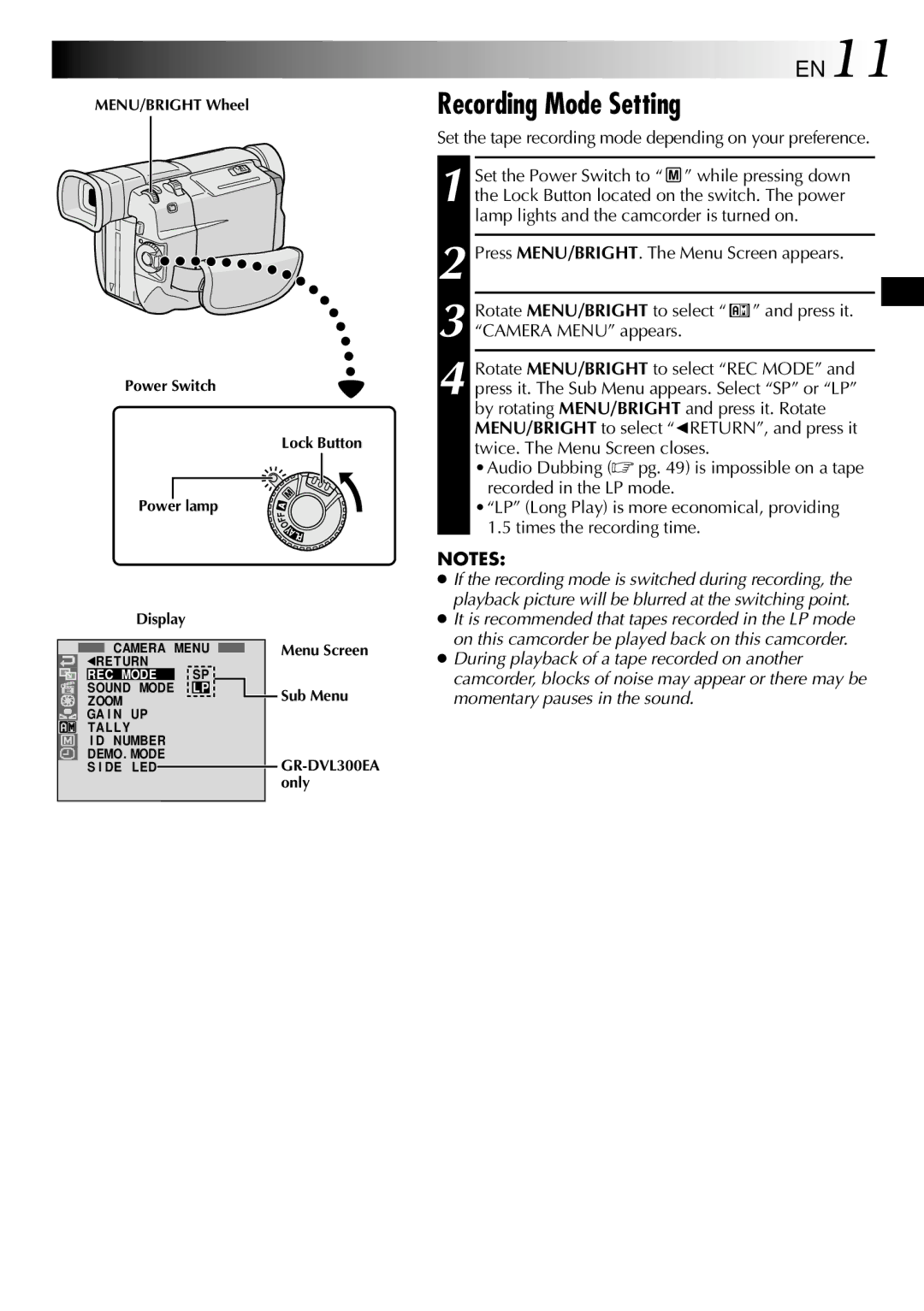 JVC GR-DVL300, GR-DVL100 Recording Mode Setting, EN11, Set the tape recording mode depending on your preference 