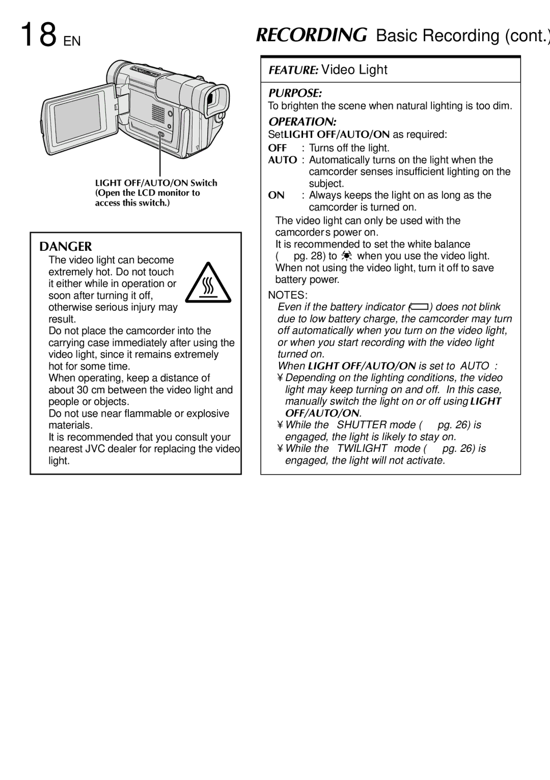 JVC GR-DVL100, GR-DVL300 specifications 18 EN, Feature Video Light, To brighten the scene when natural lighting is too dim 