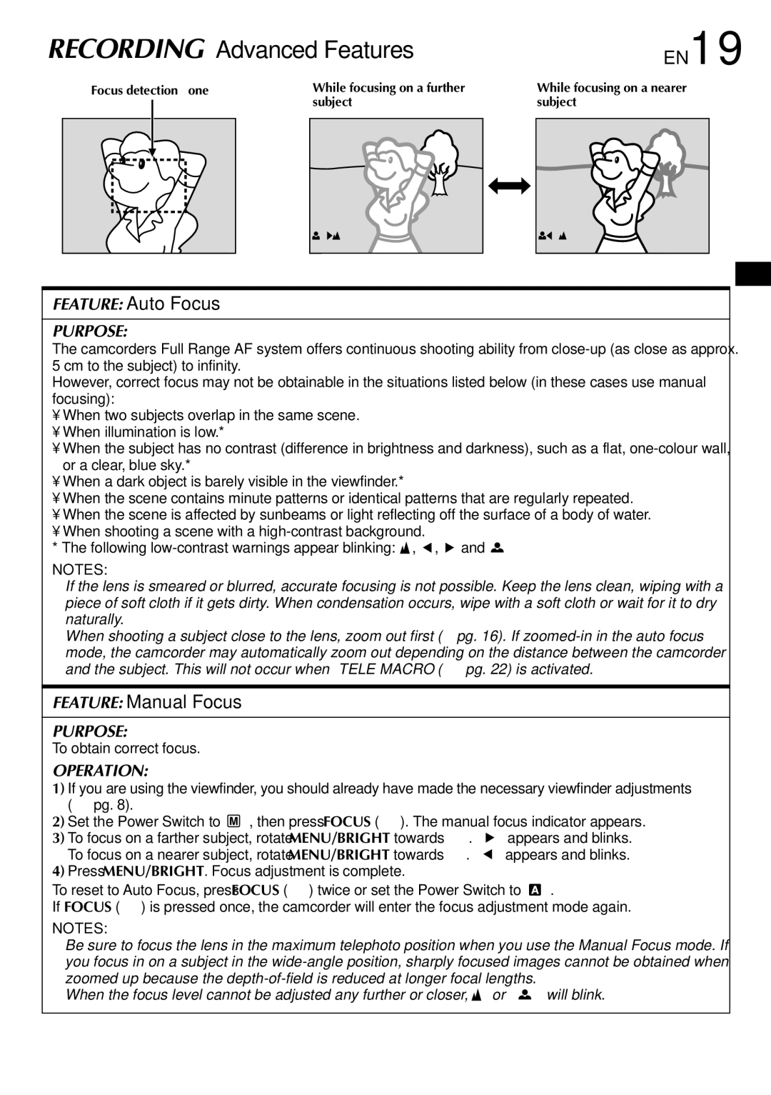 JVC GR-DVL300, GR-DVL100 specifications EN19, Feature Auto Focus, Feature Manual Focus, To obtain correct focus 
