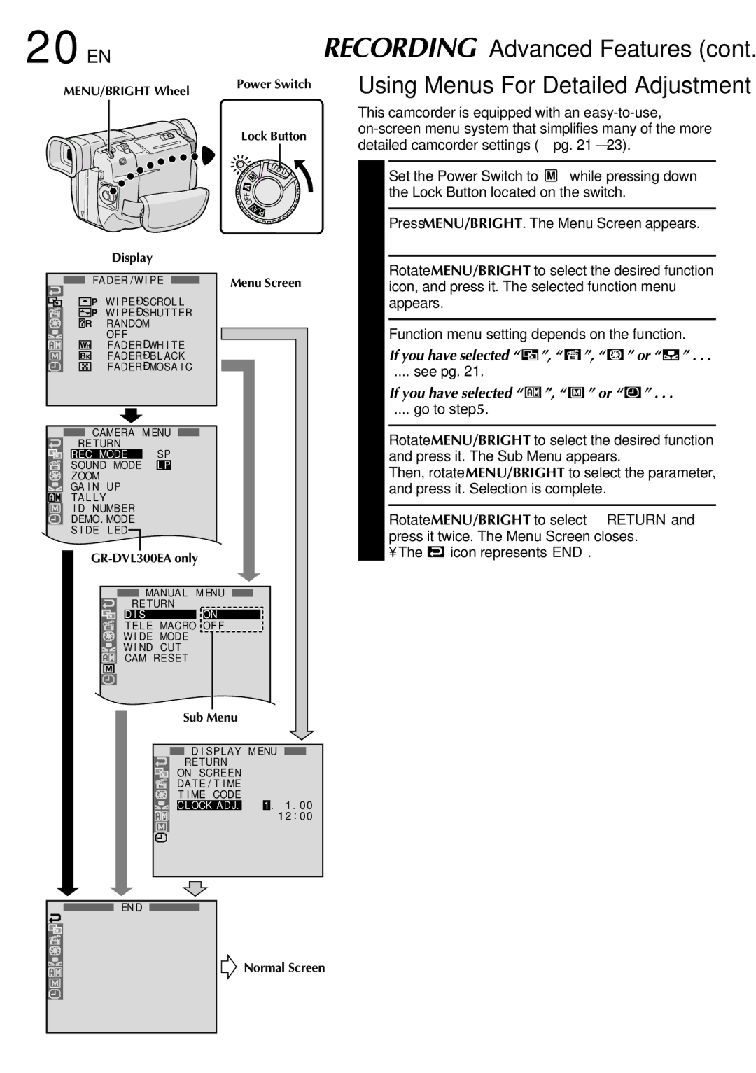 JVC GR-DVL100, GR-DVL300 specifications 20 EN, Using Menus For Detailed Adjustment, See pg, If you have selected , or 