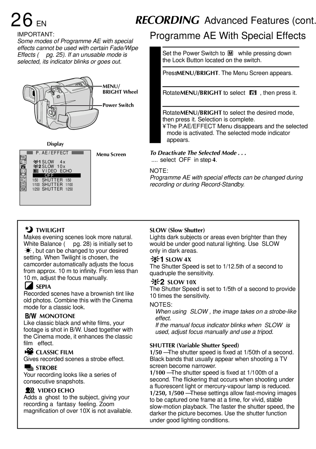 JVC GR-DVL100, GR-DVL300 26 EN, To Deactivate The Selected Mode, Slow Slow Shutter, Shutter Variable Shutter Speed 