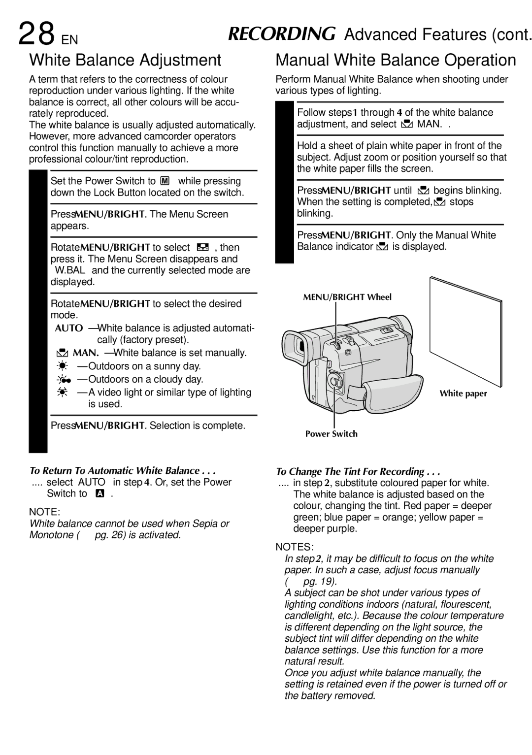 JVC GR-DVL100 28 EN, White Balance Adjustment, To Return To Automatic White Balance, To Change The Tint For Recording 