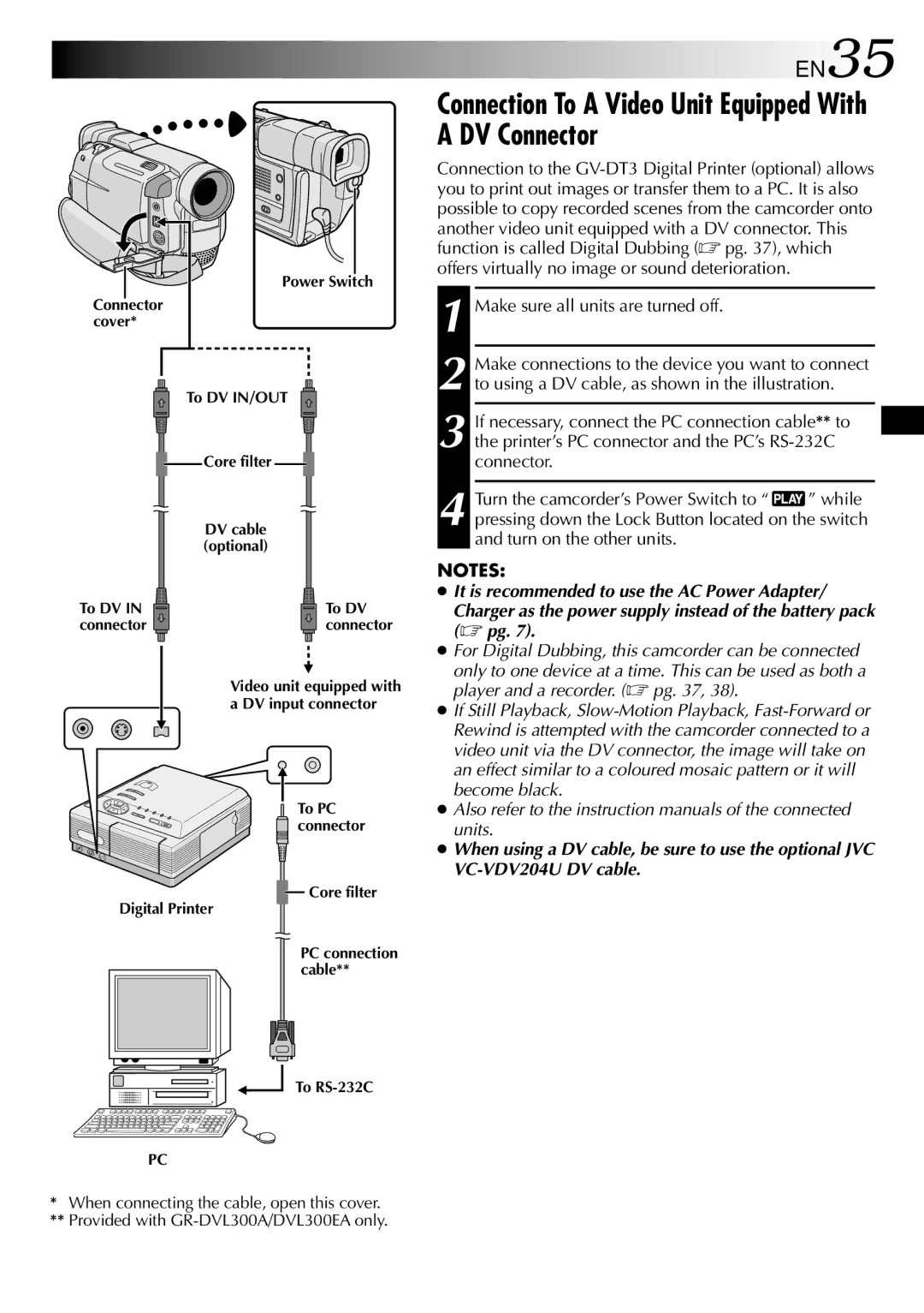 JVC GR-DVL300, GR-DVL100 Connection To a Video Unit Equipped With a DV Connector, EN35, Make sure all units are turned off 