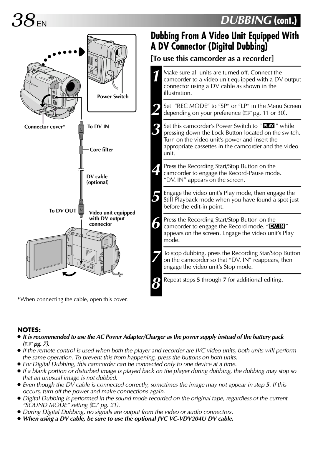 JVC GR-DVL100, GR-DVL300 specifications 38 EN, Repeat steps 5 through 7 for additional editing 