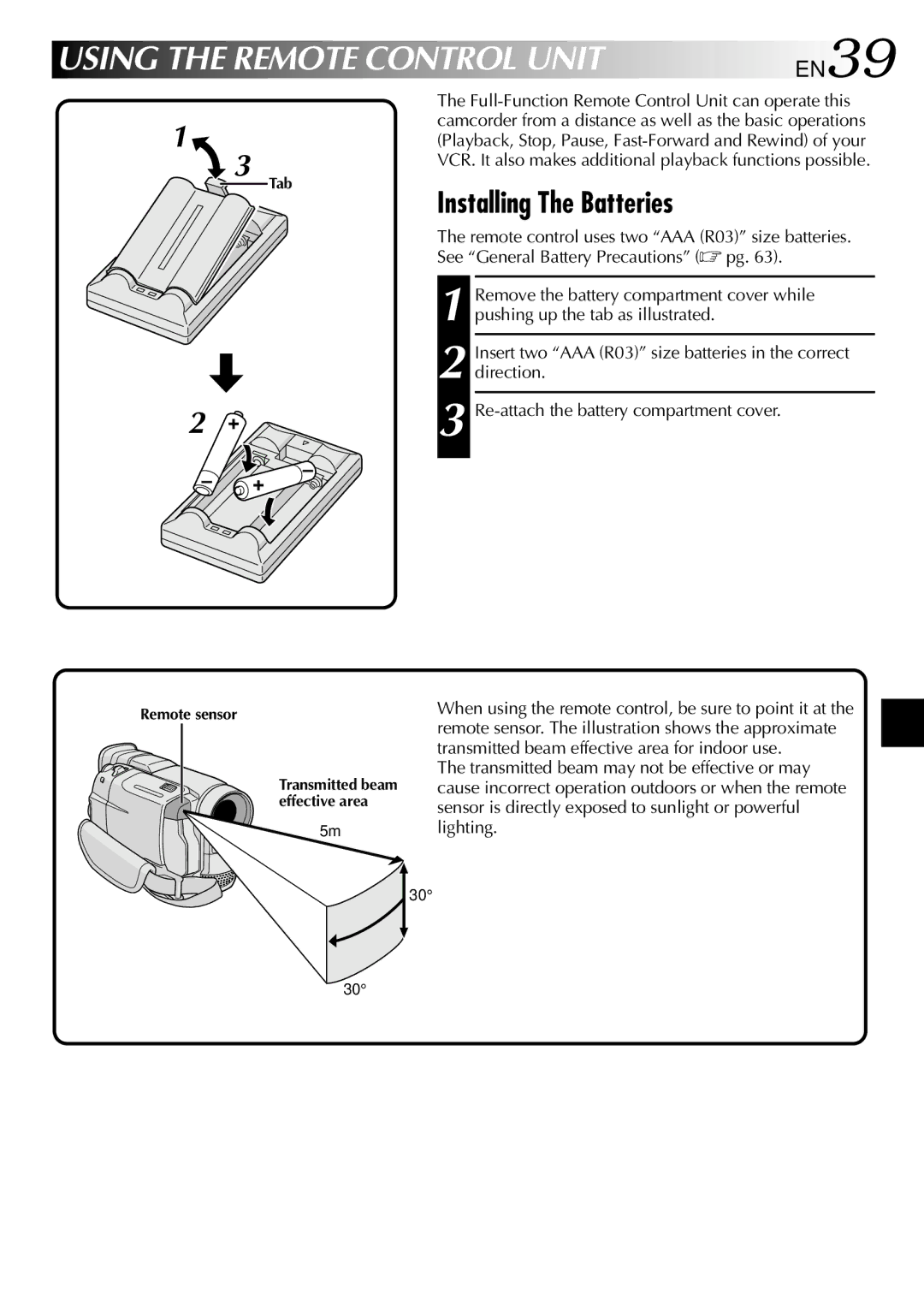 JVC GR-DVL300, GR-DVL100 specifications Installing The Batteries, EN39, Re-attach the battery compartment cover 