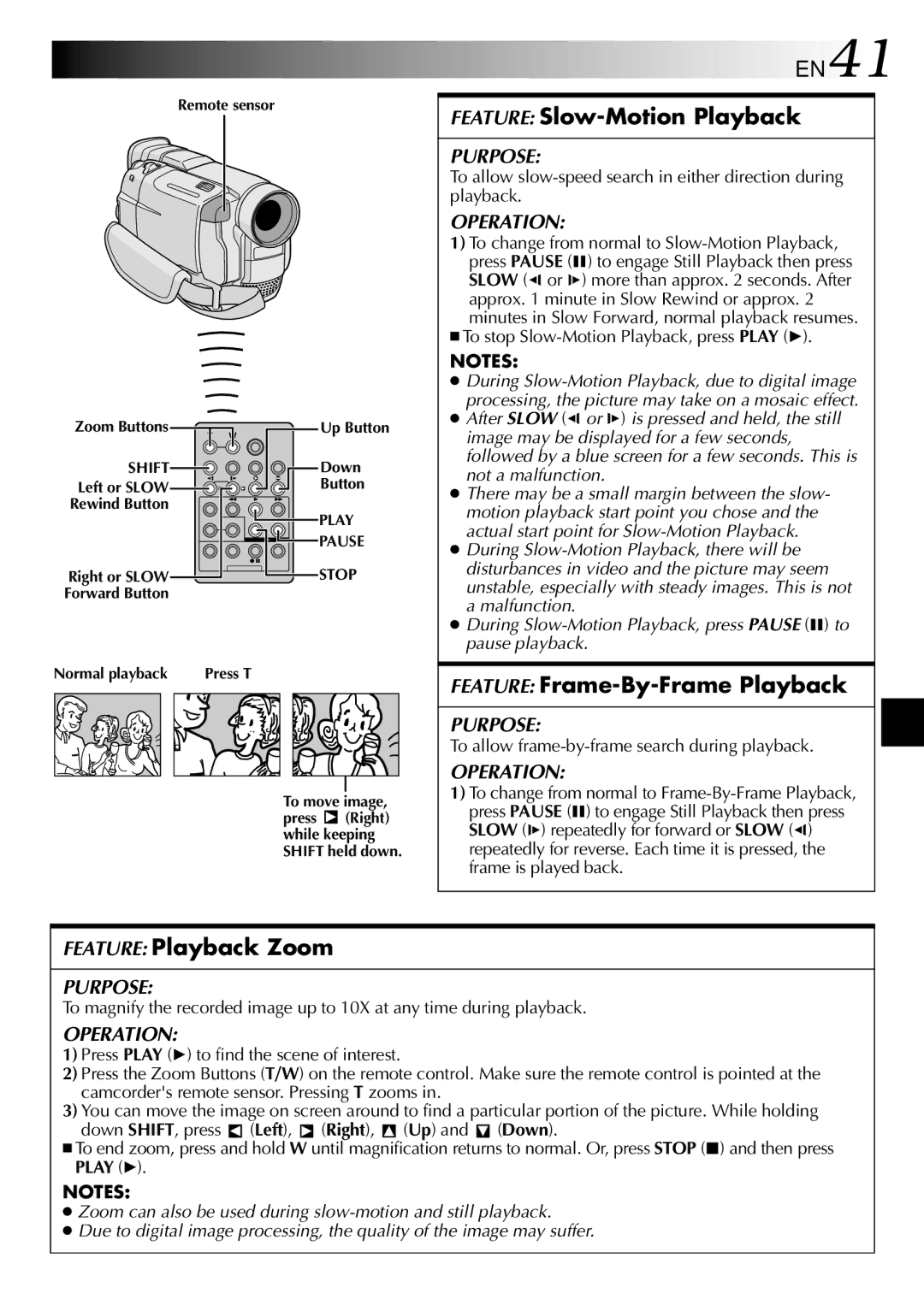 JVC GR-DVL300, GR-DVL100 EN41, Feature Slow-Motion Playback, Feature Frame-By-Frame Playback, Feature Playback Zoom 