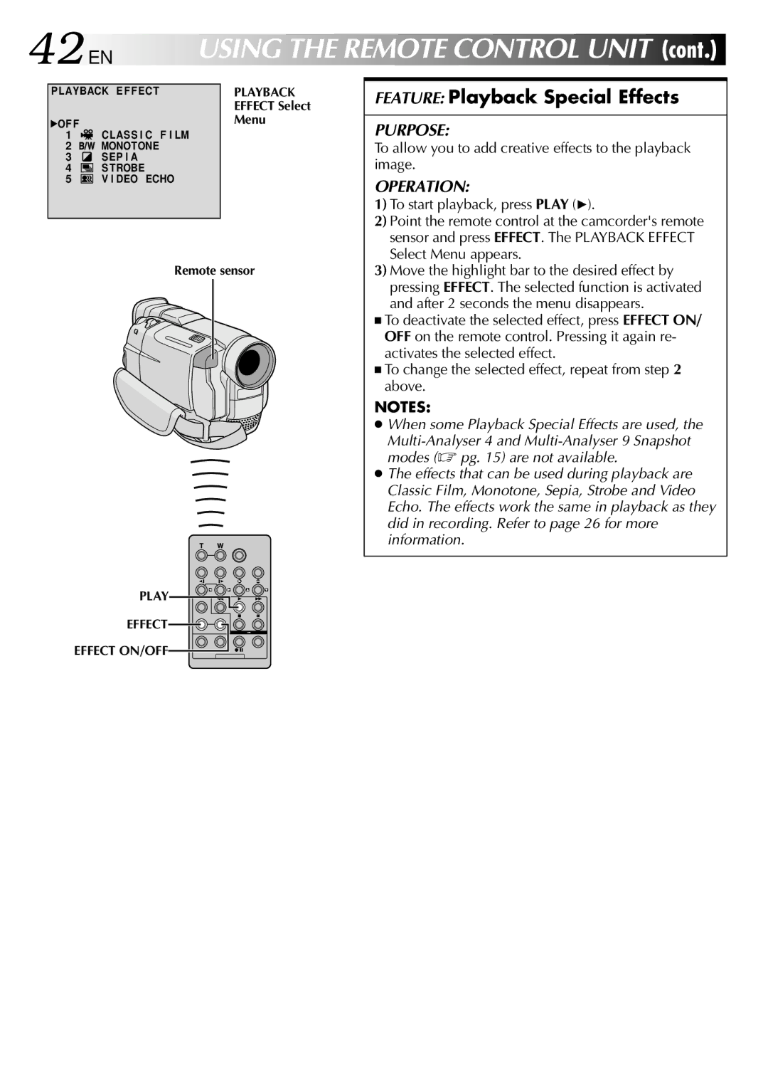 JVC GR-DVL100 42 EN, Feature Playback Special Effects, To allow you to add creative effects to the playback image 