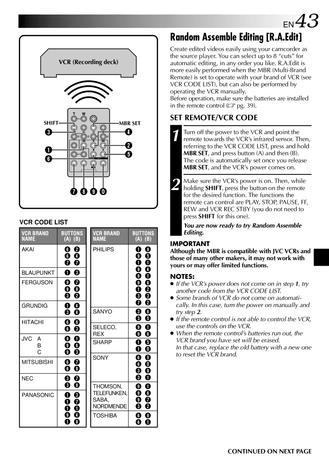 JVC GR-DVL300, GR-DVL100 EN43, SET REMOTE/VCR Code, VCR Code List, You are now ready to try Random Assemble Editing 