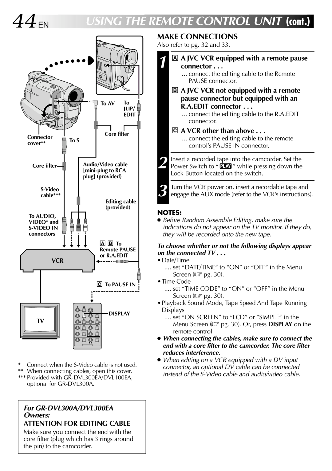 JVC GR-DVL100, GR-DVL300 44 EN, Make Connections, JVC VCR equipped with a remote pause connector, VCR other than above 