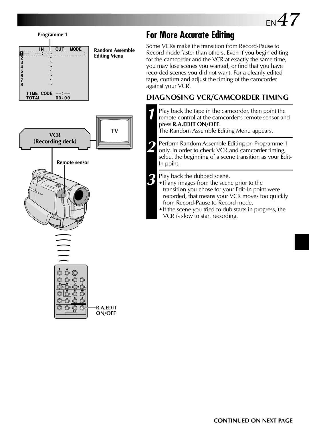 JVC GR-DVL300, GR-DVL100 specifications For More Accurate Editing, EN47, Diagnosing VCR/CAMCORDER Timing, Recording deck 