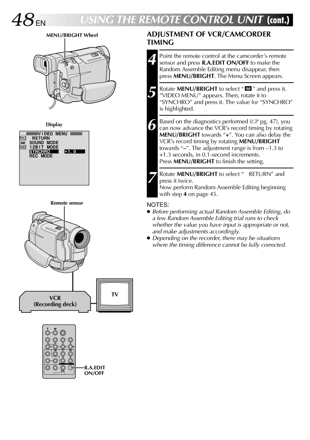 JVC GR-DVL100, GR-DVL300 specifications 48 EN, Adjustment of VCR/CAMCORDER Timing 