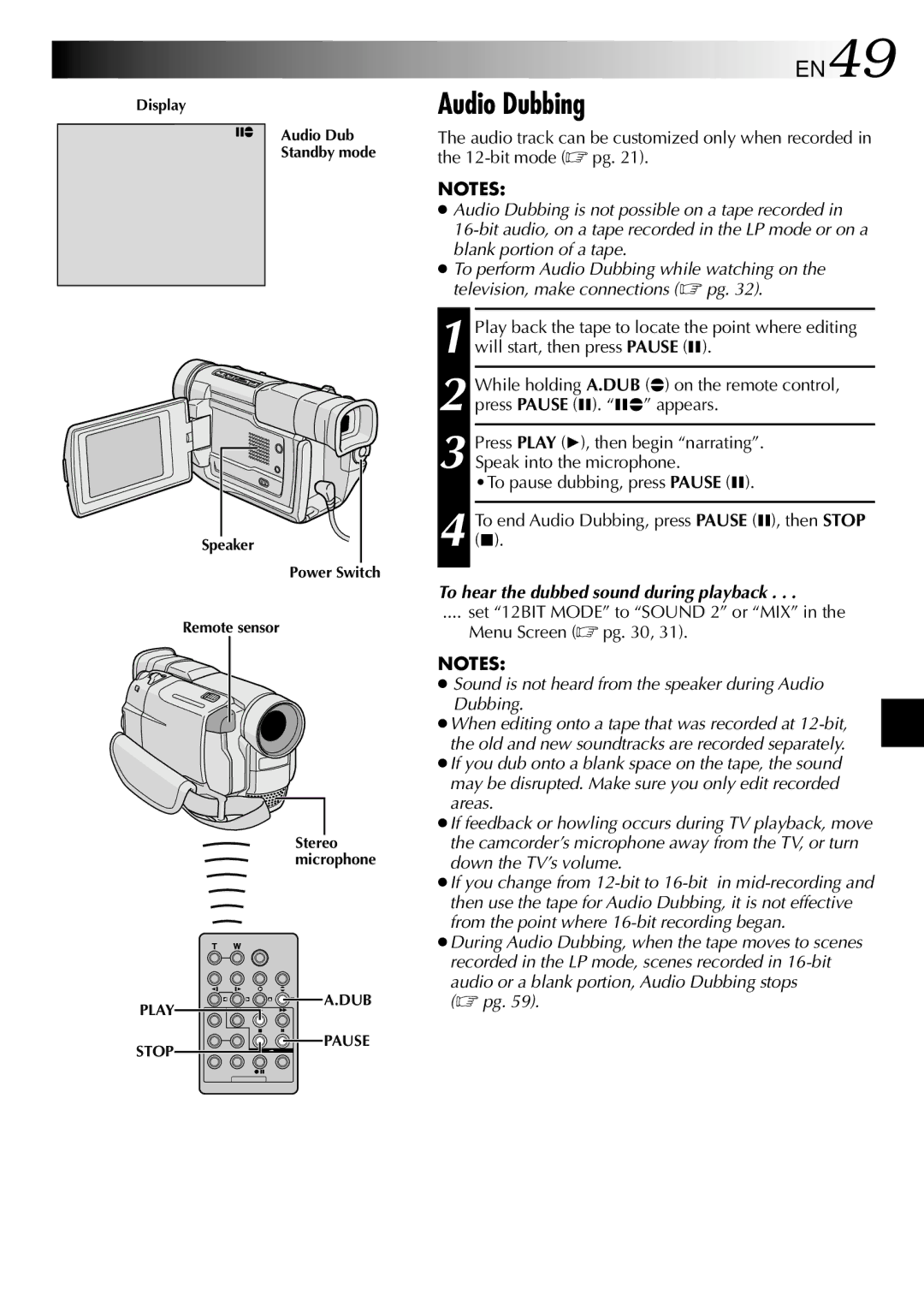 JVC GR-DVL300, GR-DVL100 specifications Audio Dubbing, EN49, To hear the dubbed sound during playback 