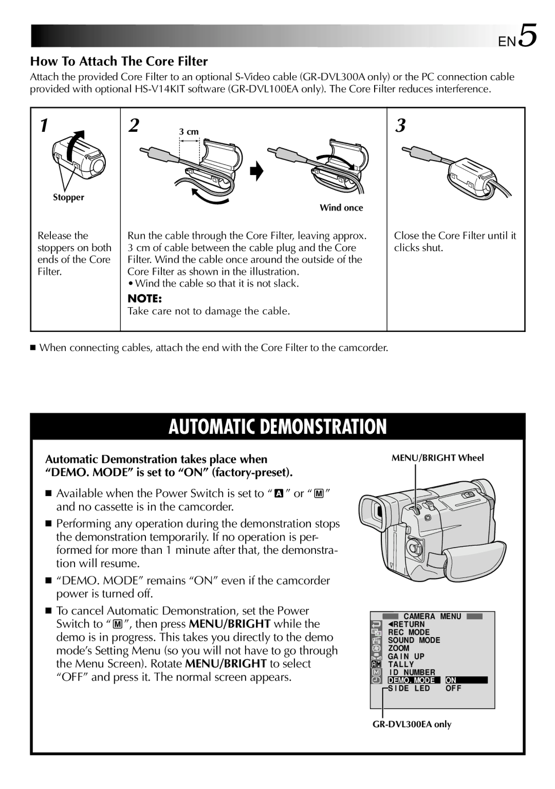 JVC GR-DVL300, GR-DVL100 specifications How To Attach The Core Filter, Release the stoppers on both ends of the Core Filter 