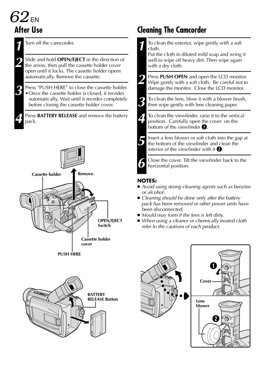 JVC GR-DVL100, GR-DVL300 specifications 62 EN, After Use, Cleaning The Camcorder 