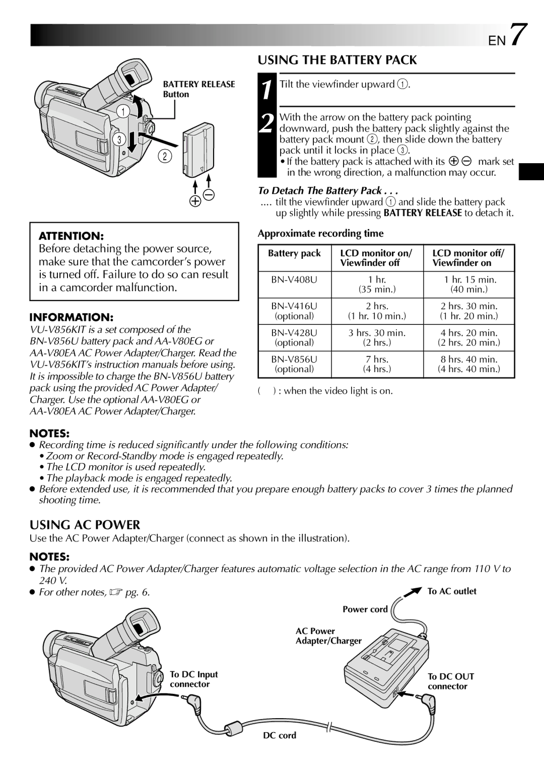 JVC GR-DVL300, GR-DVL100 Using AC Power, To Detach The Battery Pack, Approximate recording time, For other notes,  pg 