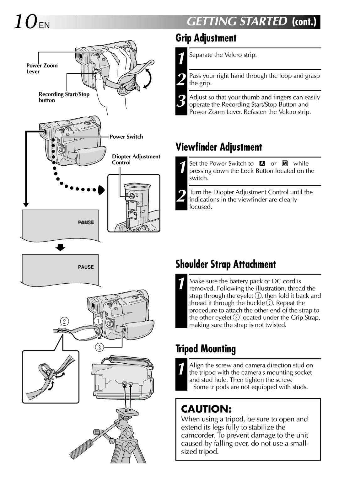 JVC GR-DVL100 specifications 10 EN, Grip Adjustment, Viewfinder Adjustment, Shoulder Strap Attachment, Tripod Mounting 