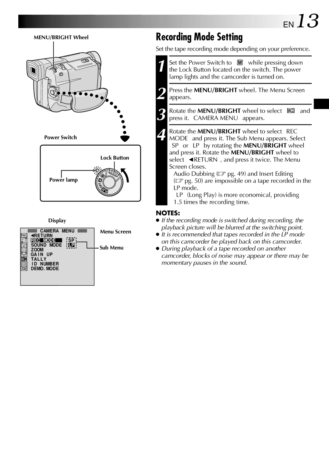 JVC GR-DVL100 specifications Recording Mode Setting, EN13, Set the tape recording mode depending on your preference 