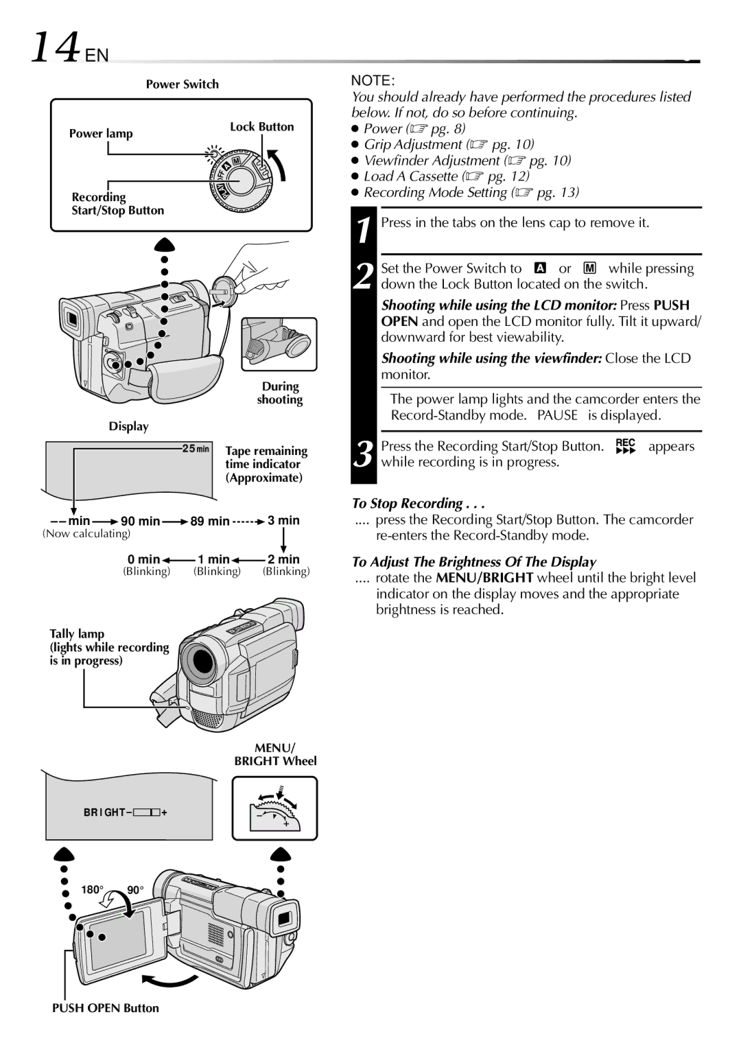 JVC GR-DVL100 specifications 14 EN, To Stop Recording, To Adjust The Brightness Of The Display 