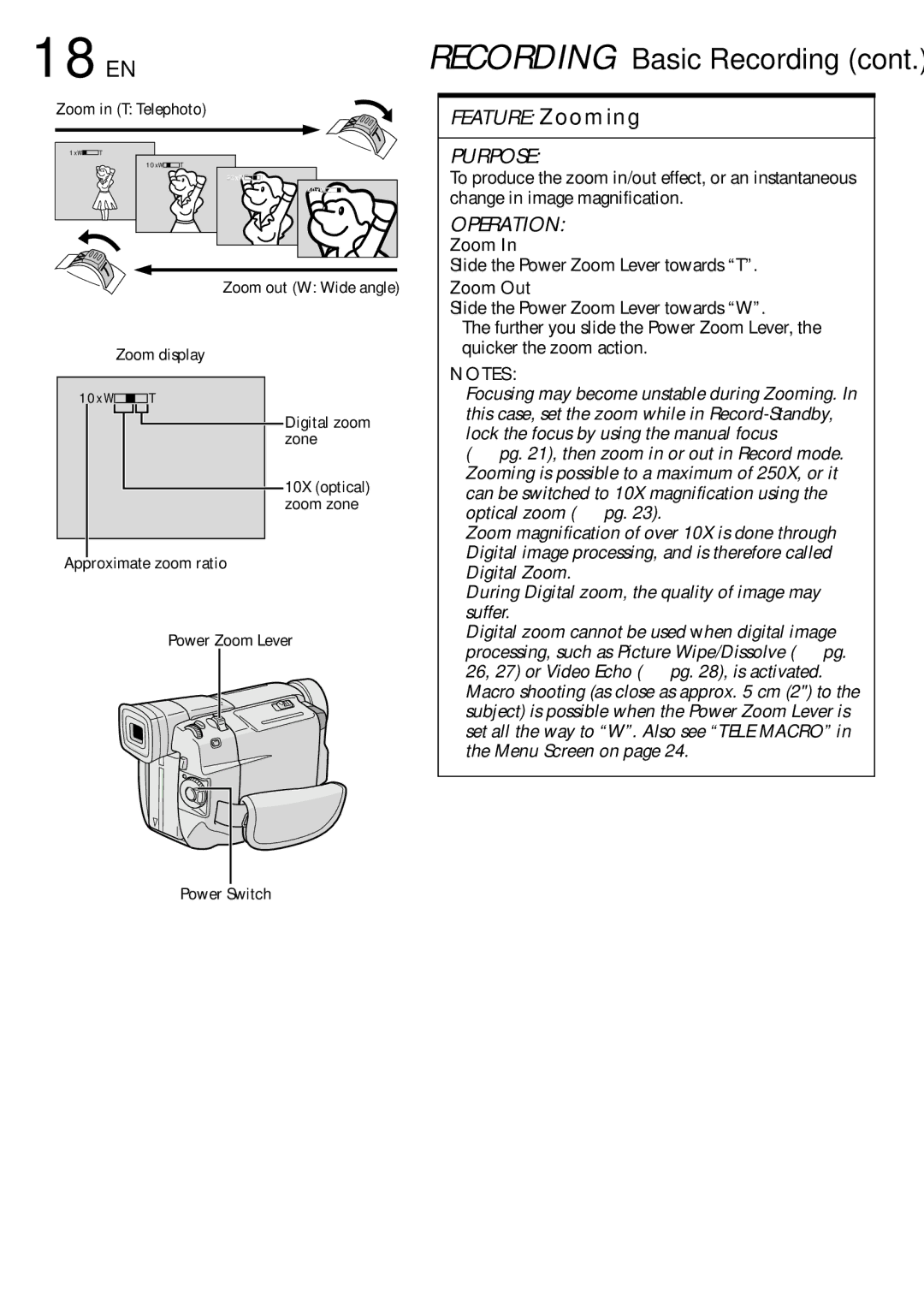 JVC GR-DVL100 specifications 18 EN, Slide the Power Zoom Lever towards T, Zoom Out 