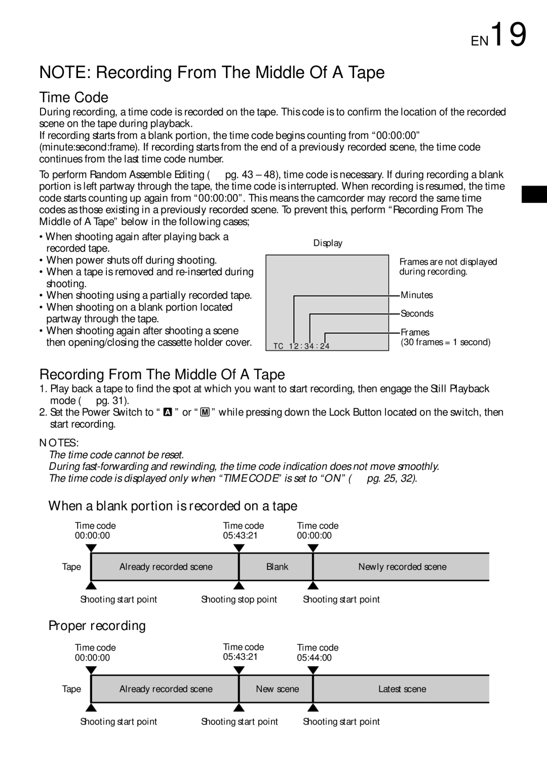 JVC GR-DVL100 specifications EN19, When a blank portion is recorded on a tape, Proper recording 