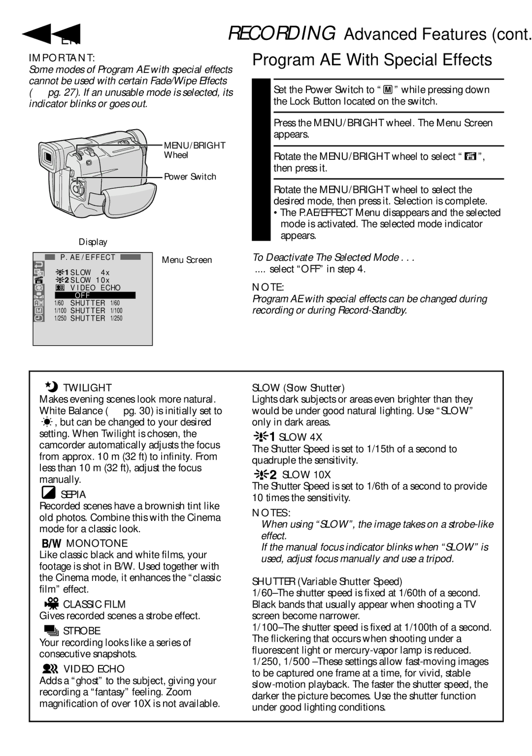 JVC GR-DVL100 specifications 28 EN, Program AE With Special Effects, To Deactivate The Selected Mode 