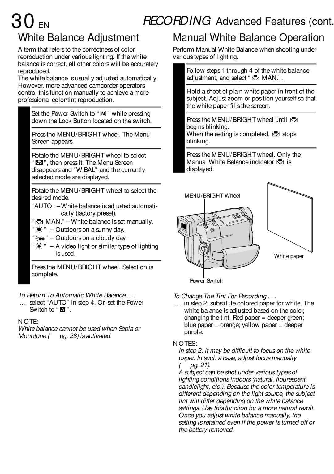 JVC GR-DVL100 30 EN, White Balance Adjustment, To Return To Automatic White Balance, To Change The Tint For Recording 