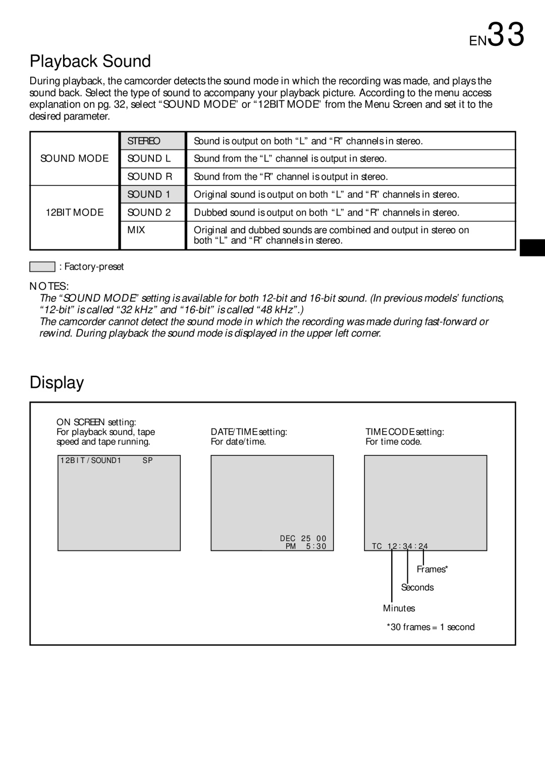 JVC GR-DVL100 specifications Playback Sound, Display, EN33 