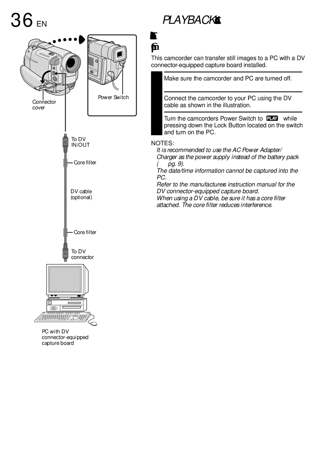 JVC GR-DVL100 specifications 36 EN, Connection To a Personal Computer 