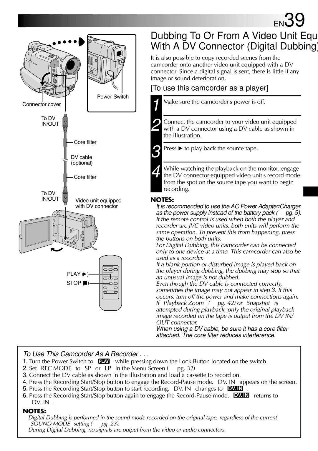 JVC GR-DVL100 specifications EN39, To use this camcorder as a player 