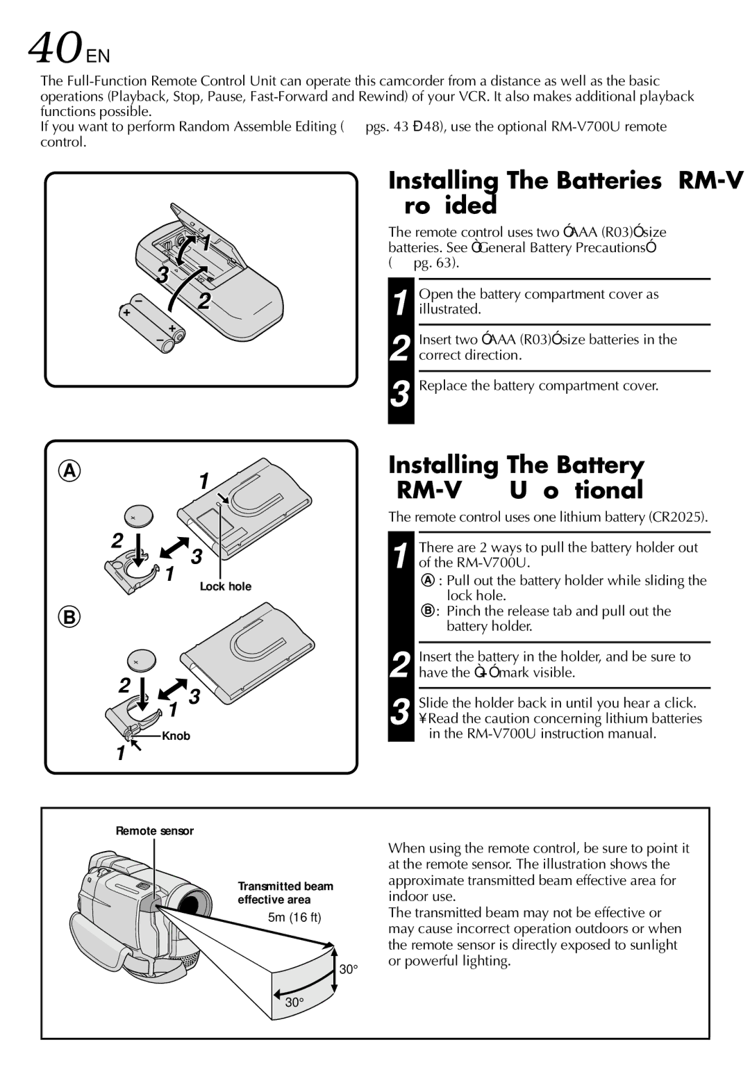 JVC GR-DVL100 specifications 40 EN, Installing The Batteries RM-V715U, provided, Installing The Battery RM-V700U, optional 