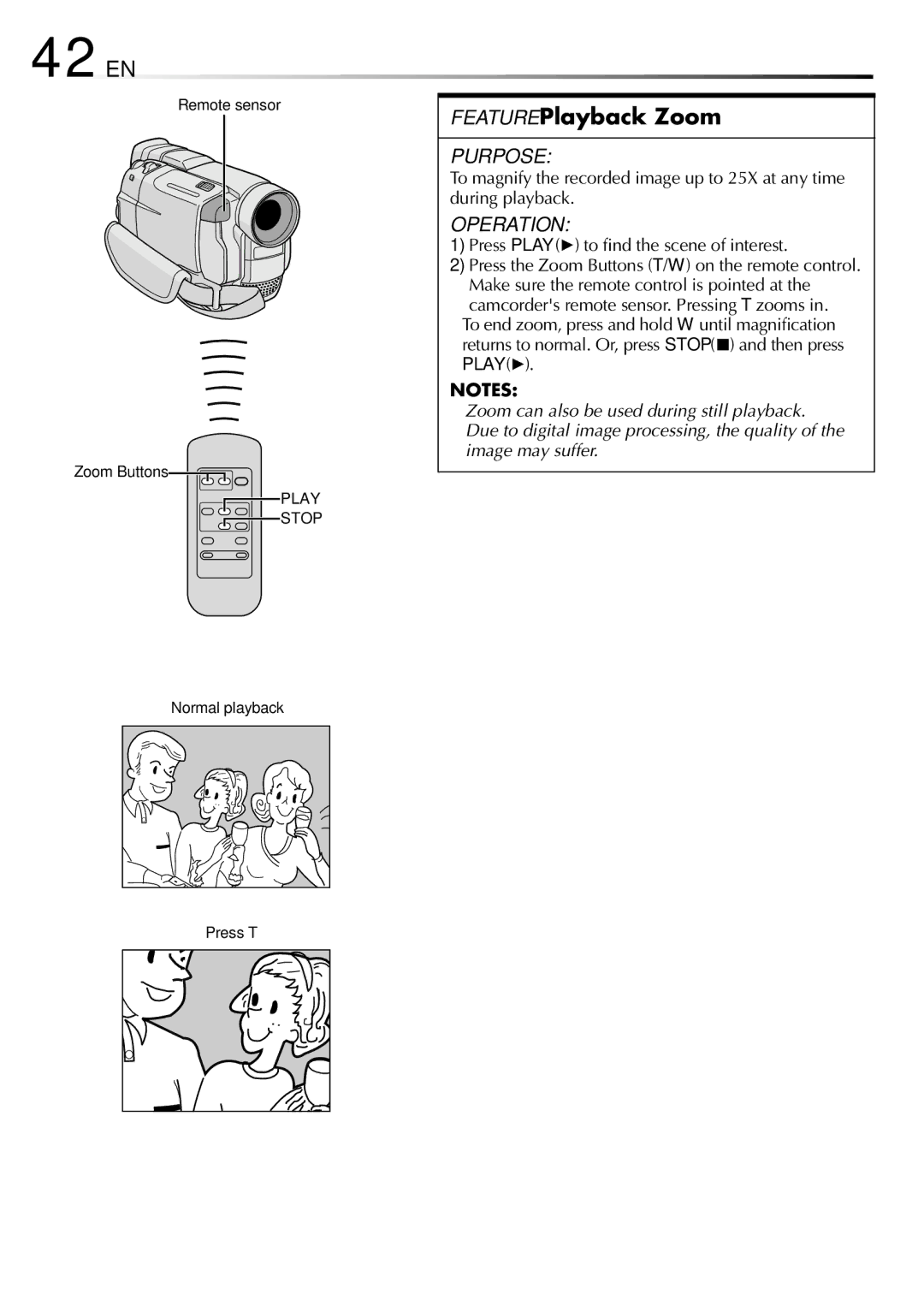 JVC GR-DVL100 specifications 42 EN, Feature Playback Zoom, Press Play 4 to find the scene of interest 