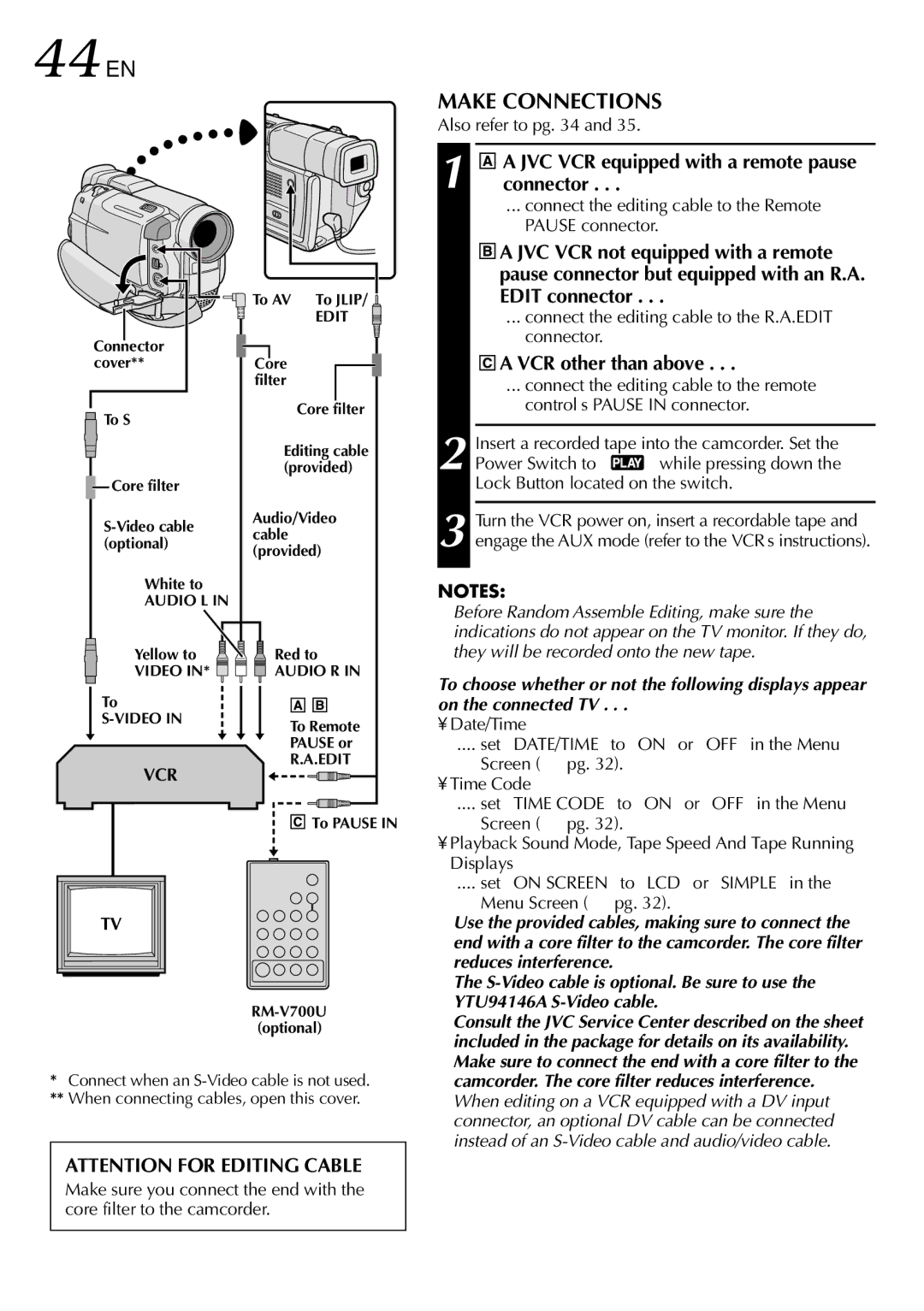 JVC GR-DVL100 specifications 44 EN, Make Connections, JVC VCR equipped with a remote pause connector, VCR other than above 