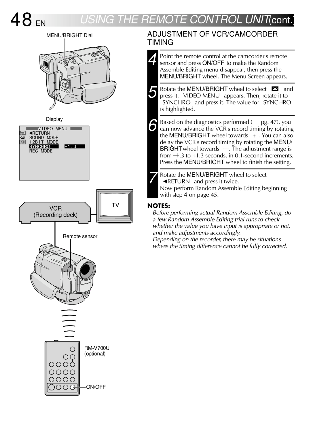 JVC GR-DVL100 specifications 48 EN, Adjustment of VCR/CAMCORDER Timing 