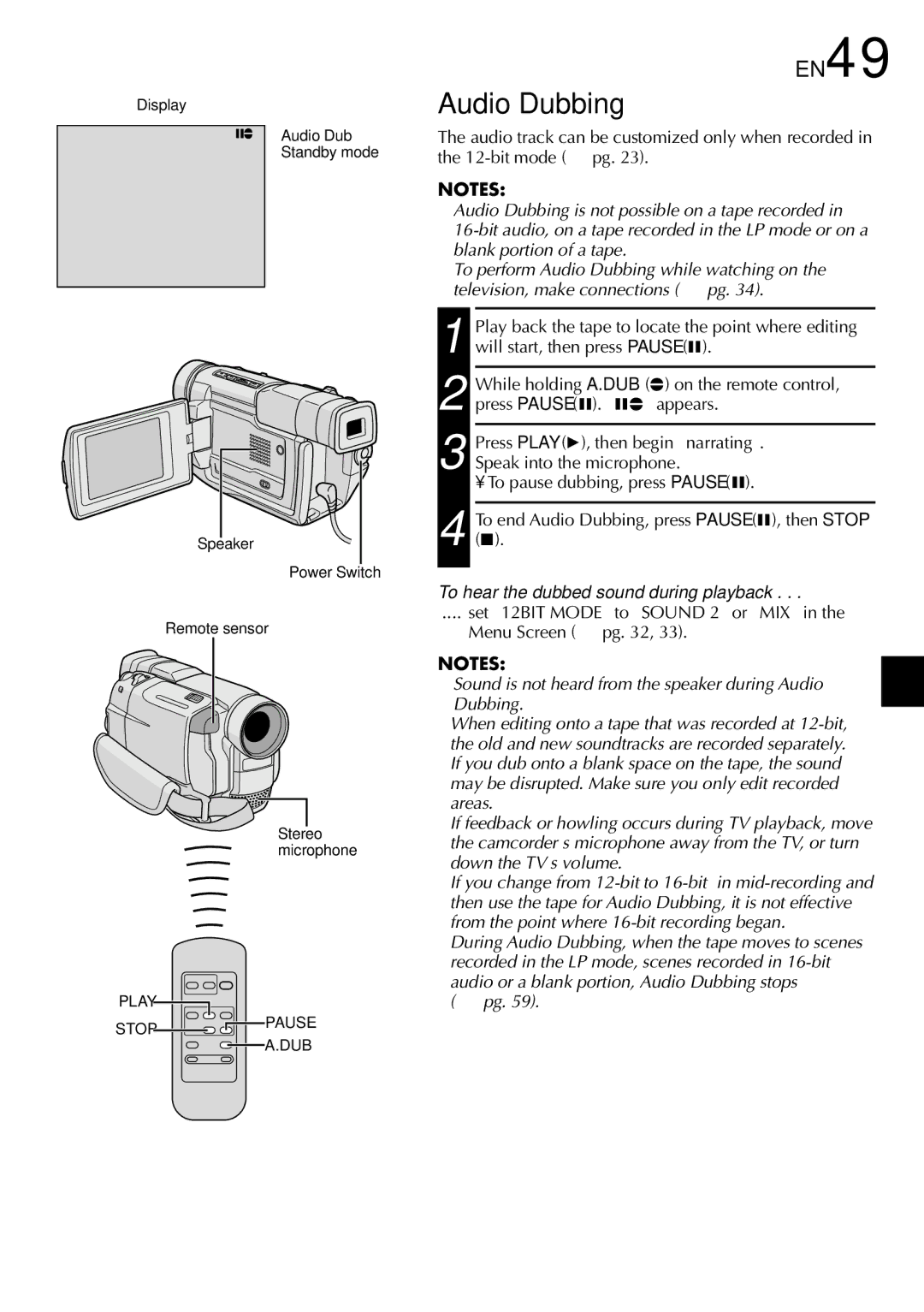 JVC GR-DVL100 specifications Audio Dubbing, EN49, To hear the dubbed sound during playback 